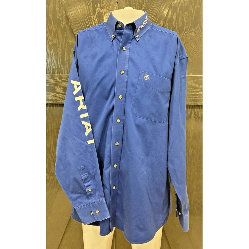 Ariat Mens Long Sleeve Button Up Shirt 2XL Royal Blue Embroidered Spellout Rodeo